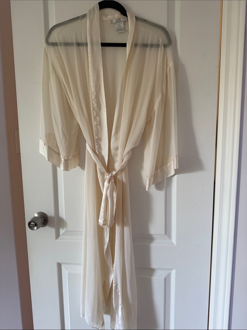 100 % Silk La SENZA Sheer Cream Satin-Trim Tie-Waist Robe
